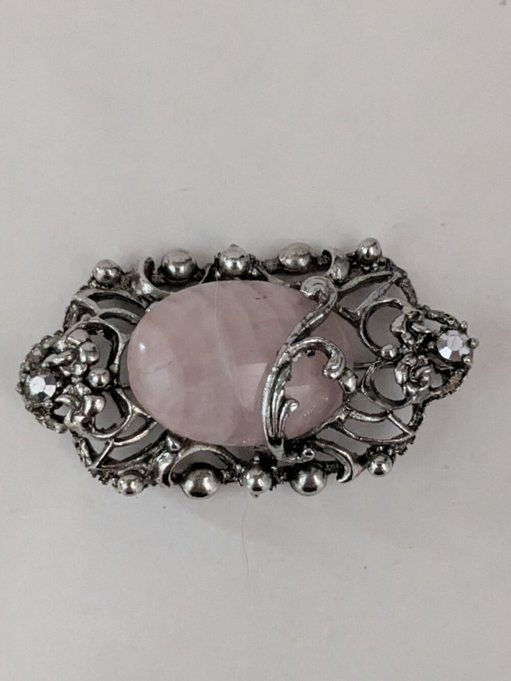 Vintage Rose Quartz Cabochon Silver Tone Faux Marcasite Brooch Pin